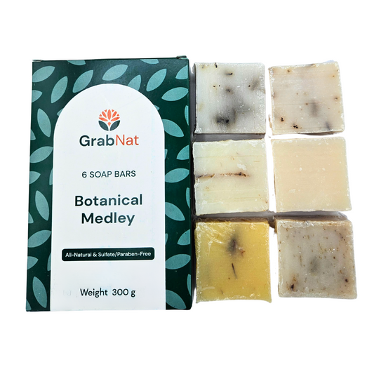 BOTANICAL MEDLEY Natural Handmade Soap Variety Pack (6 pack): Rosemary, Lavender, Jasmine, Chamomile, Green Tea, and Lemongrass (50g each soap)