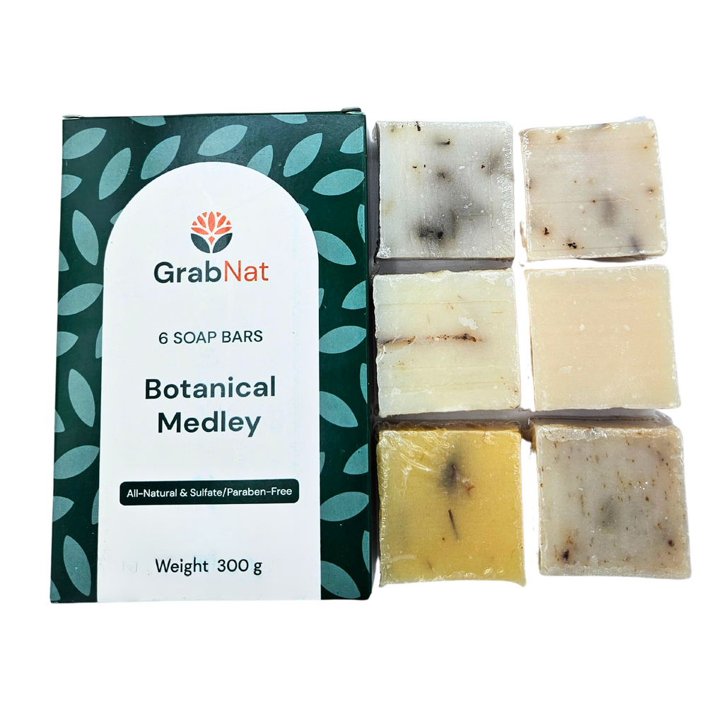 BOTANICAL MEDLEY Natural Handmade Soap Variety Pack (6 pack): Rosemary, Lavender, Jasmine, Chamomile, Green Tea, and Lemongrass (50g each soap)
